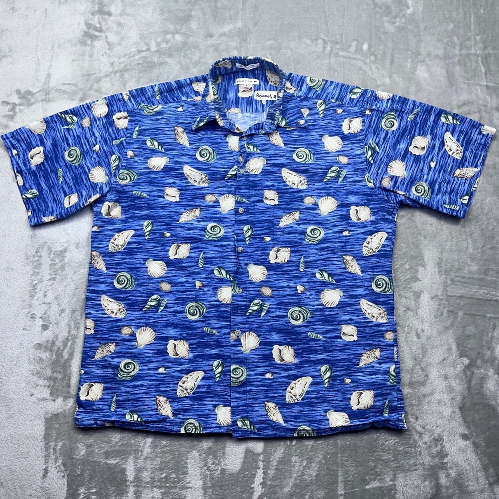 Pierre Cardin Mens Hawaiian Shirt Large Blue Seashells‎ Beach Vacation AOP Boho